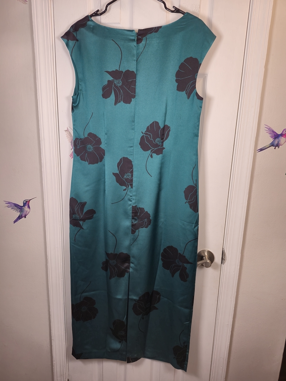 NWT Ann Taylor Teal Poppy Satin Floral Midi Sheath Dress 10 - Picture 3 of 7